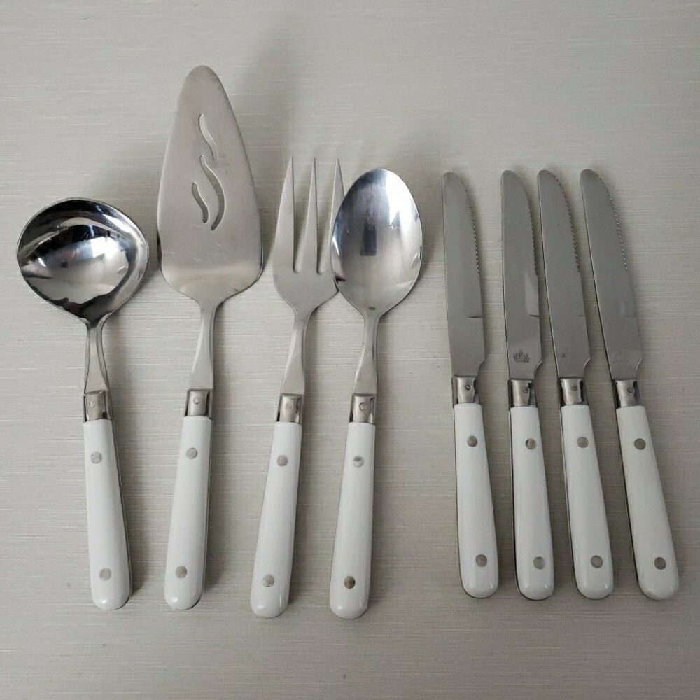 Lifetime Stainless Serving Utensil & 4 Dinner Knives Rivet White Handle Thailand